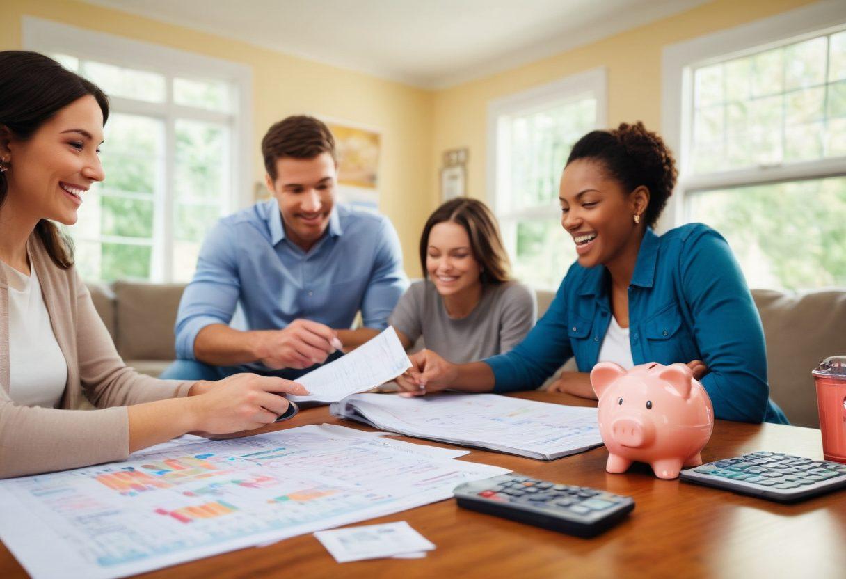 A cozy living room with a family discussing finances happily over a table full of spreadsheets and calculators, a house model sits prominently on the table. A calendar with check marks and dollar bills fading into piggy banks in the background. Bright and inviting atmosphere. super-realistic. vibrant colors.